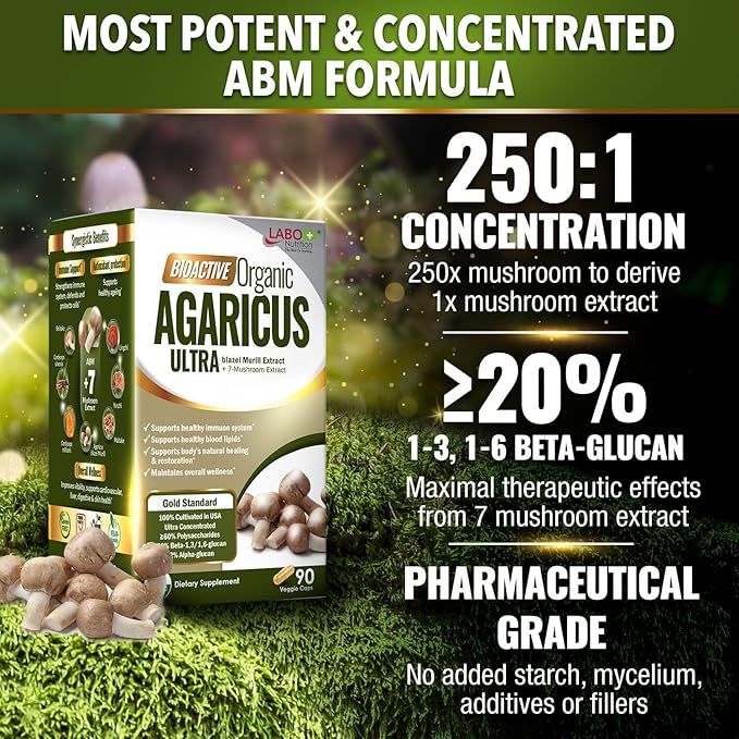 LABO Nutrition Bioactive Organic Agaricus Ultra - 7 Mushroom Extract Supplement Agaricus blazei Murill Cordyceps, Maitake, Turkey Tail, Lingzhi, Shiitake for Advanced Immune Support, USDA Organic