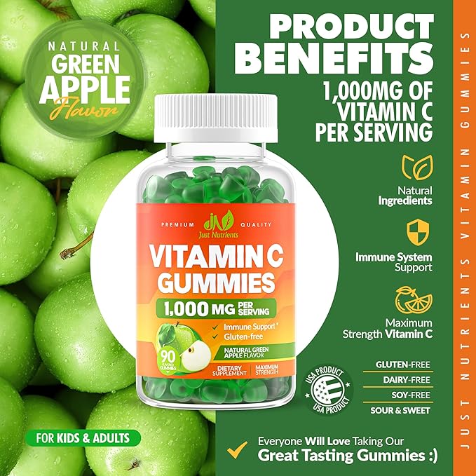 Vitamin C Gummies 1000mg for Adults & Kids - Maximum Strength Chewable Immune Support, Collagen Support - Sour Green Apple Flavor - Gluten Free, Non-GMO, Vegetarian - 90 Gummies (30 Servings)