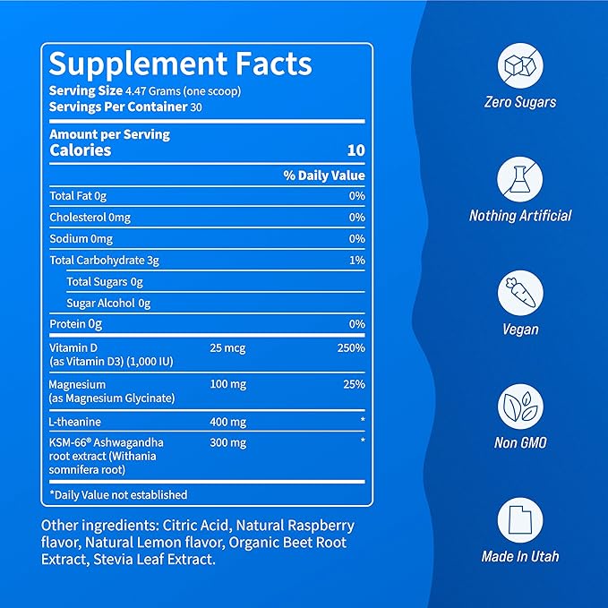 Supercalm Drink Mix - Ashwagandha KSM 66, Magnesium Glycinate, L-Theanine, Vitamin D3 - Ashwagandha Root Extract, Magnesium & L-Theanine Supplement - Focus & Support (30 Servings)