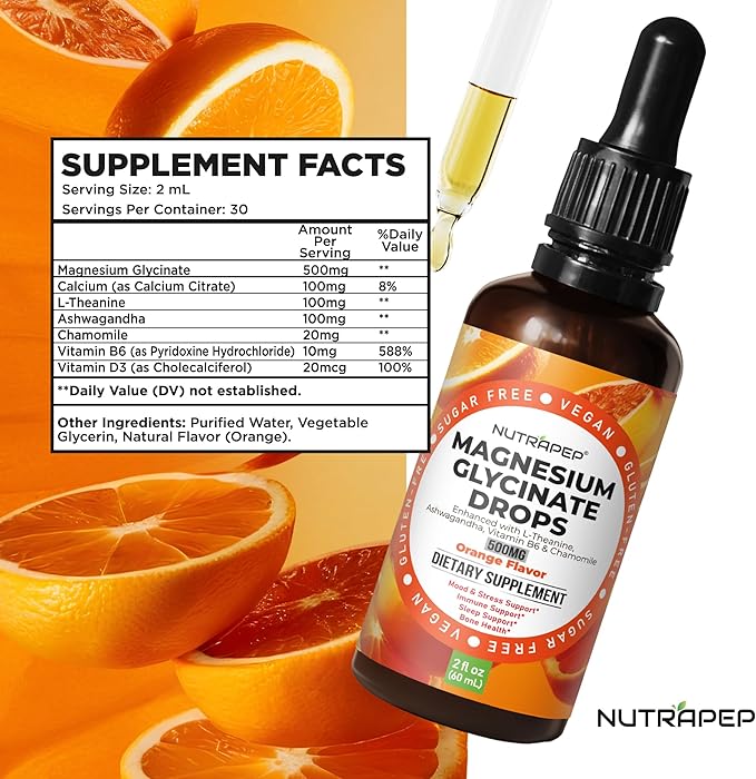 Liquid Magnesium Glycinate Drops Supplement - 500mg Cortisol Complex with L-Theanine Ashwagandha Vitamin B6 Chamomile - Wellness Sleep Stress Mood Support for Adults Men Women