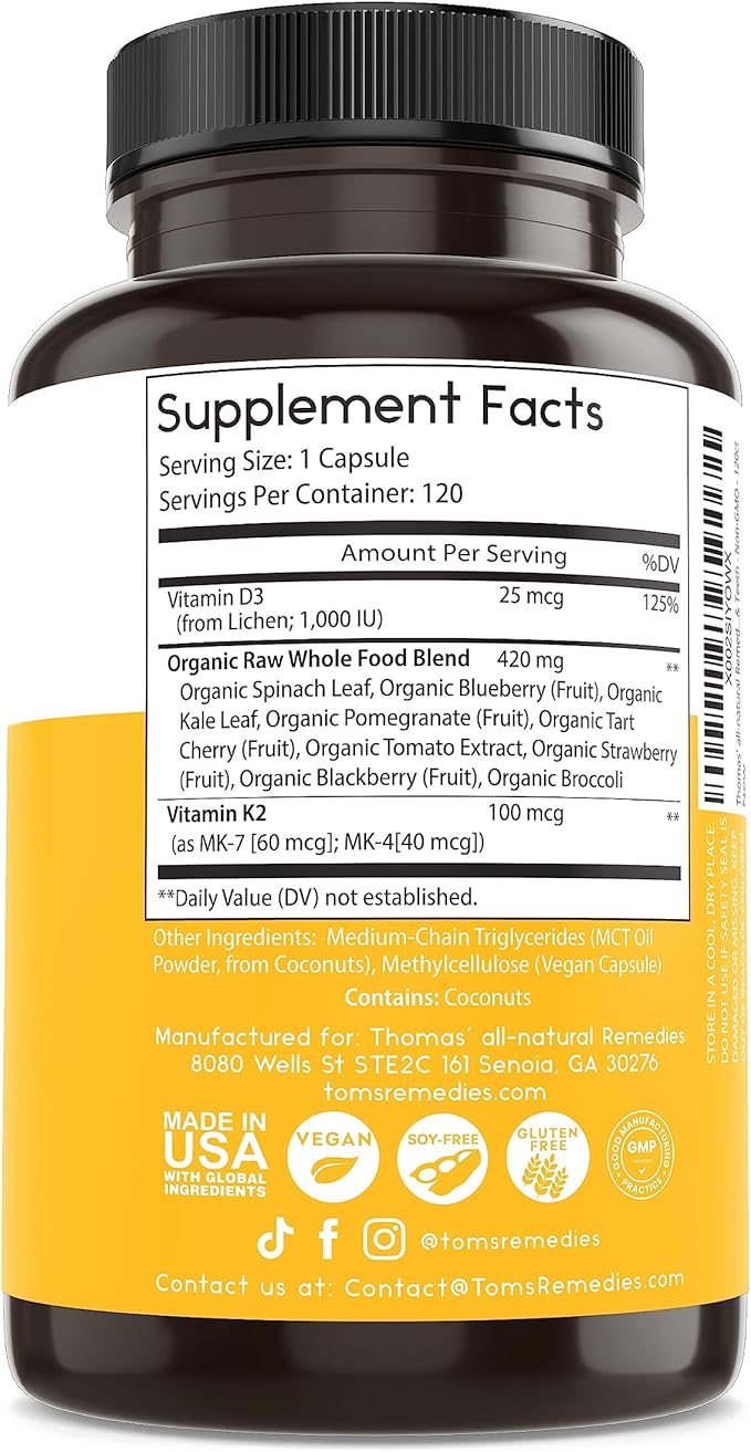 Thomas' all-natural Remedies D3 + K2 with MCT Oil for Better Absorption & Raw Whole Food Blend, 1000 IU D3, Vegan, Made in USA, Support for Your Heart, Bones & Teeth, Non-GMO (120ct)