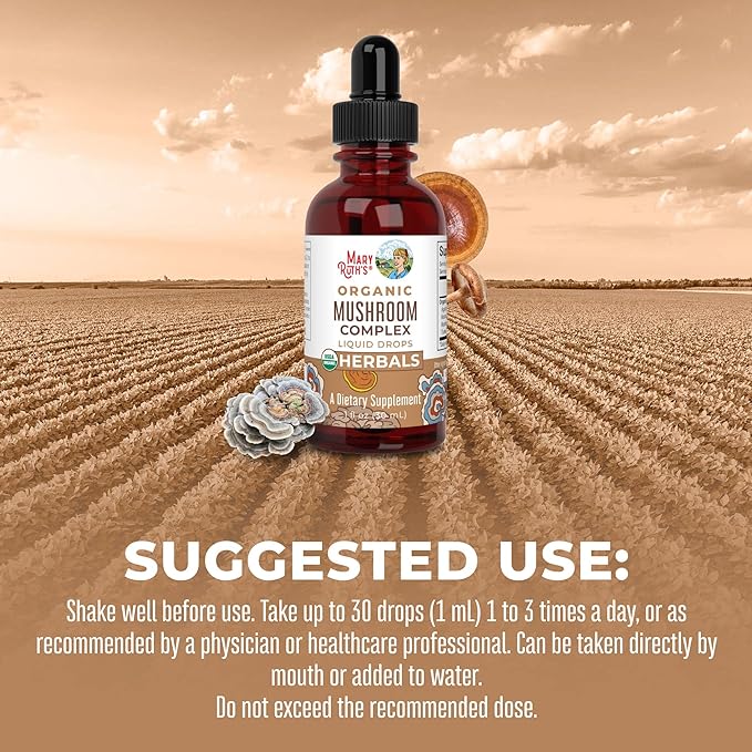 MaryRuth Organics USDA Mushroom Complex | Herbal Liquid Drops | Supplement | Lion's Mane | Reishi Mushroom | Shiitake Mushrooms | Non-GMO | Vegan | Alcohol Free Tincture | 30 Servings