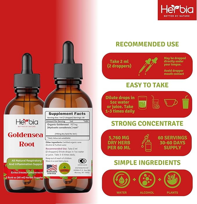 Organic Goldenseal Root Extract-Boost Immunity, Antioxidants, Liquid Alcohol Extract, 60 Servings 2 Fluid oz (60 ml)