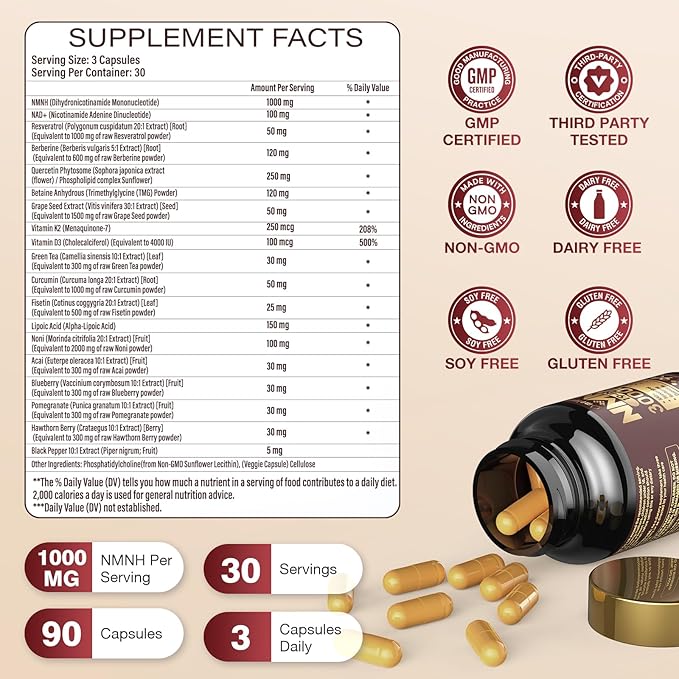 19 in 1 NMNH (Dihydronicotinamide Mononucleotide) 1000mg Per Serving, NAD Supplement to Boost NAD+ Levels NAD Resveratrol Supplement with Quercetin, Berberine for Anti Aging, Energy, 90 Capsules-007