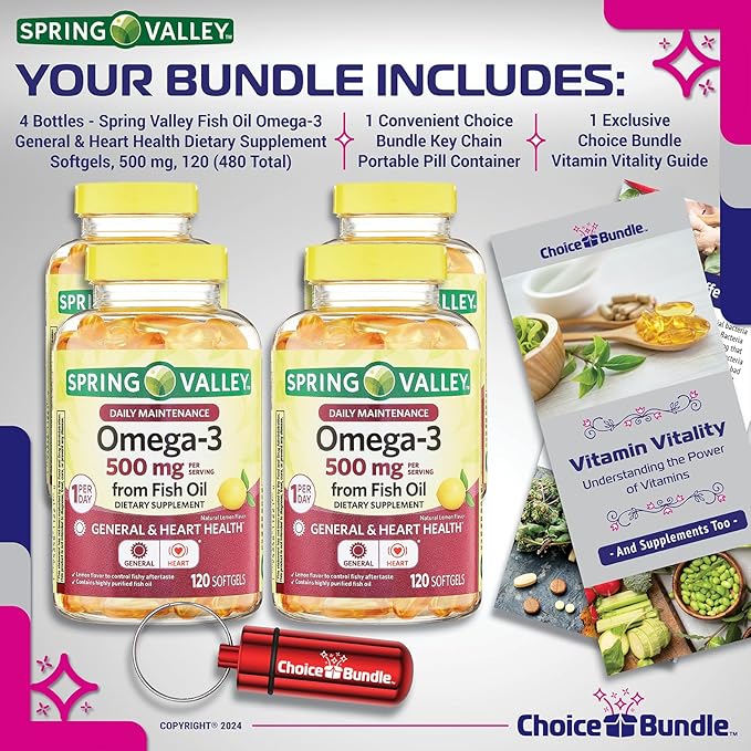 Spring Valley Fish Oil Omega 3 Fatty Acid Supplement Lemon Softgels 500 mg 120 Ct 4 pk (480 Total) + Vitamin Guide and Pill Container (6 Items)!