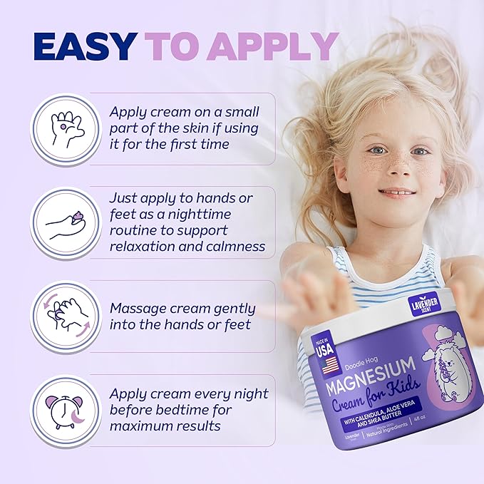 DOODLE HOG Magnesium Cream for Kids Lavender Scent - Soothing Relief & Relaxation with Calendula, Aloe Vera, Shea Butter - Topical Magnesium Cream for Sleep - USA Made - (4 oz, Lavender)