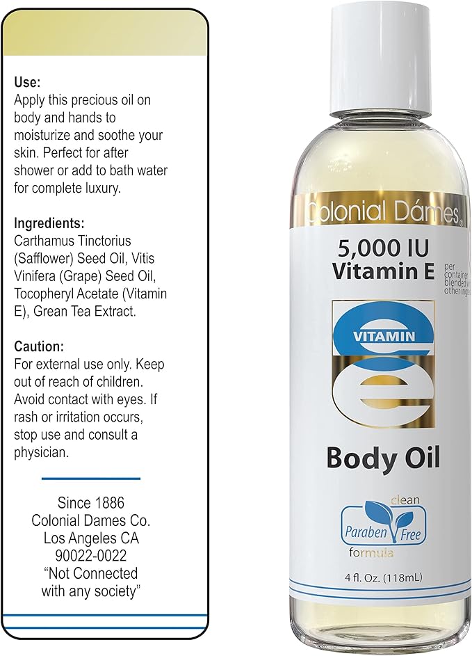 Colonial Dames 5,000 IU Vitamin E Oil Blend Skin Therapy Oil for Whole Body Vitamin E Body Oil for Hydrated Healthy Skin