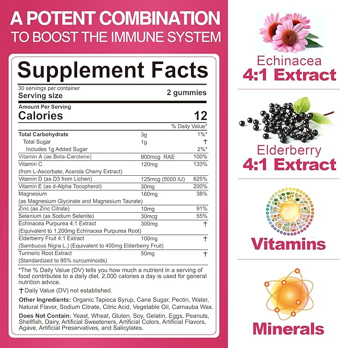 Vitamin C D3 Zinc Gummies for Adults w/Echinacea, Elderberry, Selenium, Magnesium,Vitamin D3 5000IU, Daily Immunity Booster Multivitamin Gummies, for Immunity Antioxidant Bone Energy,Vegan 1 Pack