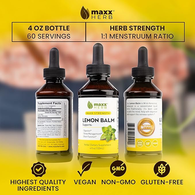 Maxx Herb Lemon Balm Extract - Max Strength Liquid Tincture Absorbs Better Than Capsules or Tea, for Nervous System Support, & Stress Management - Alcohol Free - 4 Oz Bottle (60 Servings)