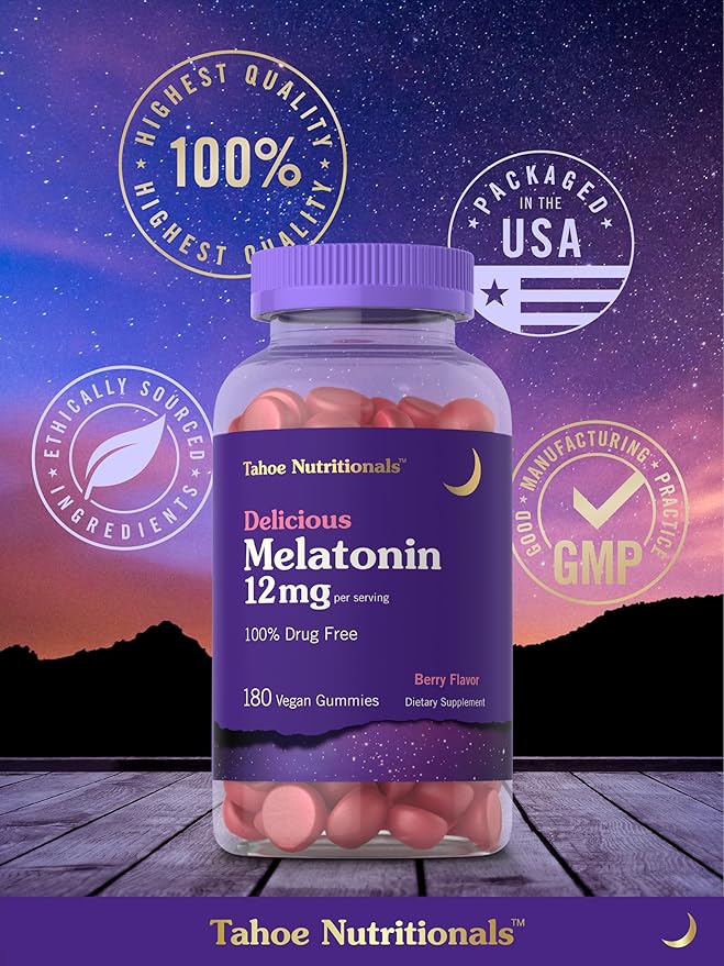 Carlyle Tahoe Nutritionals Melatonin Gummies 12mg | 180 Count | Berry Flavor | Drug Free Supplement | Vegan, Non-GMO, Gluten Free