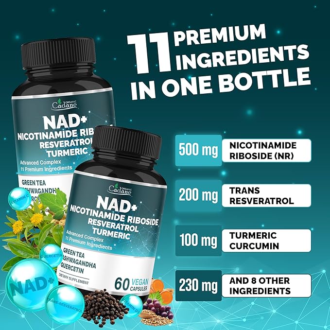 Organic Cadane 11-in-1 Nicotinamide Riboside Supplement with Trans-Resveratrol, Turmeric Curcumin & 8 More | Cellular Wellness Support | Vegan, Non-GMO – 60 Capsules for 30 Days