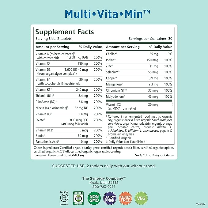 PURE SYNERGY Multi·Vita·Min | Vegan Multivitamin Made with Organic Whole Foods | Twice Daily Supplement for Men and Women | Core Nutrients for Energy, Mood, Immune, and Bone Health (60 Tablets)