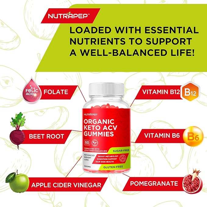 Organic Keto ACV Gummies - Gluten-Free & Sugar-Free Apple Cider Vinegar Supplement for Women Men (1000MG)