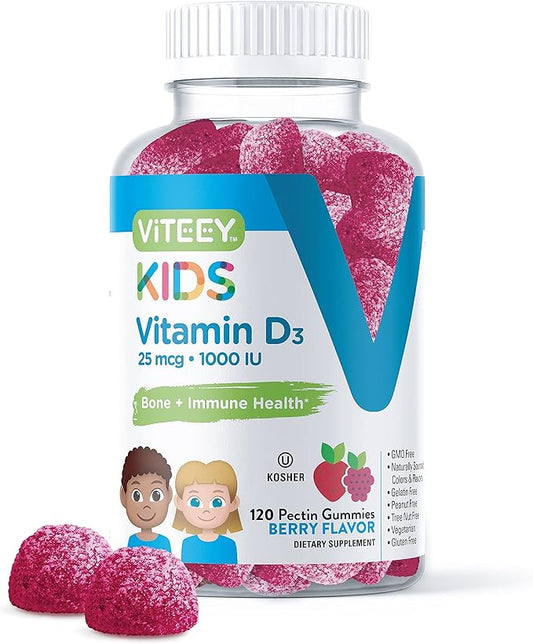 Vitamin D3 Kids Gummies 25mcg 1000 IU - Bone Health, Immune Health, Joint Muscle Support - Vegetarian, Gelatin Free, Gluten Free, GMO Free - Tasty Chewable Berry Flavored Gummy