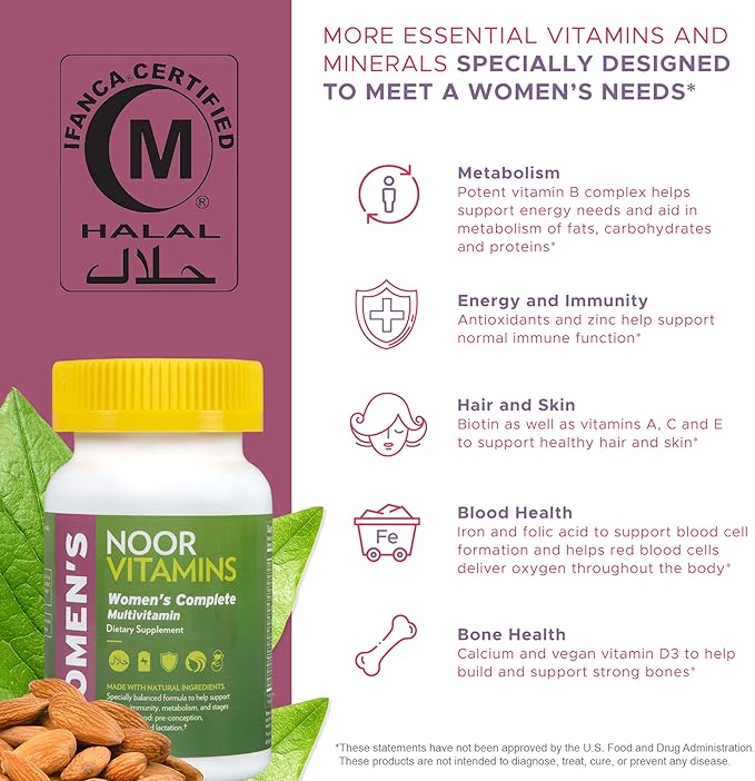 Noor Vitamins Halal Womens Multivitamin & Mineral I Once Daily Vitamin Supplement I Vegan | Supports Energy, Immunity, Metabolism, Healthy Appearance and Stages of Motherhood I 2-Month Supply