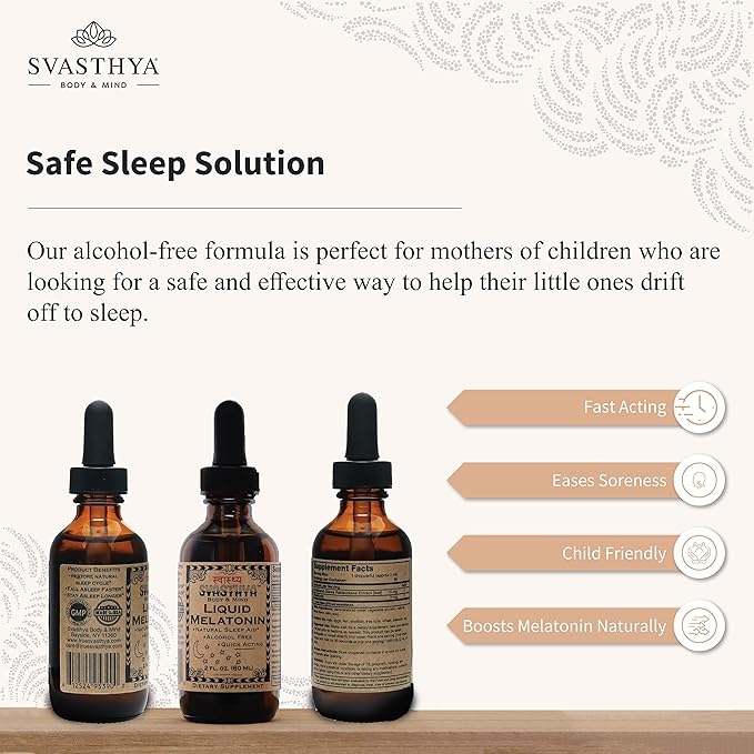 Svasthya Body & Mind Natural Melatonin Liquid Supplement | 100% Organic Sleep Aid for Restful Sleep Support | Alcohol - Free Melatonin Supplement | Stay Asleep Longer