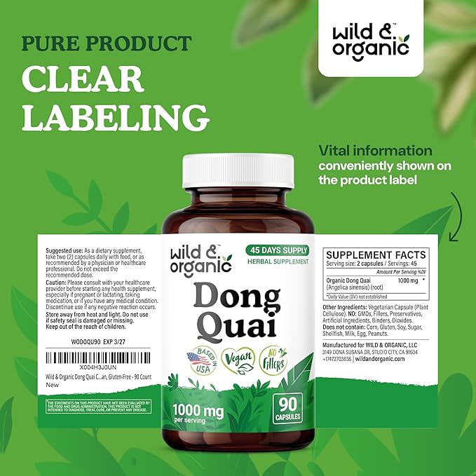 Wild & Organic Dong Quai Capsules for Women - 1000 mg per Serving - Dong Quai Root Supplement - 45-Day Supply - Traditional Angelica Sinensis - Non-GMO, Vegan - 90 Count