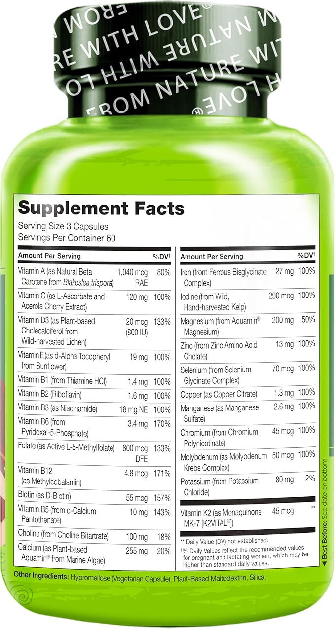 NATURELO Prenatal Multivitamin with Gentle Chelated Iron, Methyl Folate, Plant Calcium & Choline - Vegan, Vegetarian - Non-GMO - Gluten Free - 180 Capsules - 4 Month Supply (Pack of 2)