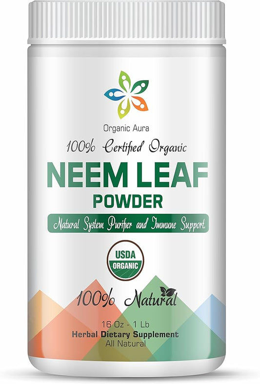 Organic Aura Neem Leaf Powder (Azadirachta Indica). 100% Pure Neem, Raw and Green. USDA Certified Organic Neem for Immune Support, Skin, and Hair. Naturall Source of Antioxidants and Detox.
