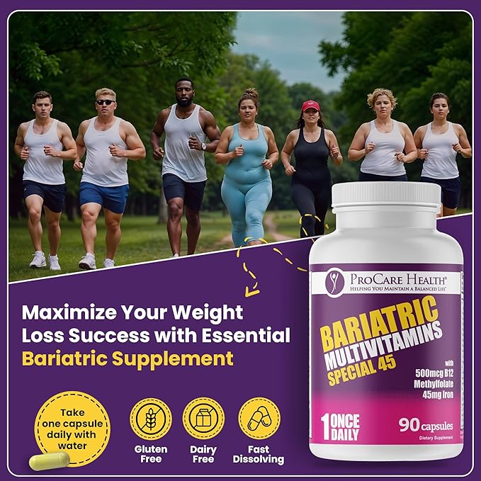 ProCare Health Bariatric Multivitamin with Iron (90 Capsule) - 45mg Iron with Reduced B12 - Post Op Bariatric Vitamins for Gastric Bypass Sleeve Patients, Sustains Recovery & Energy (03 Month Supply)