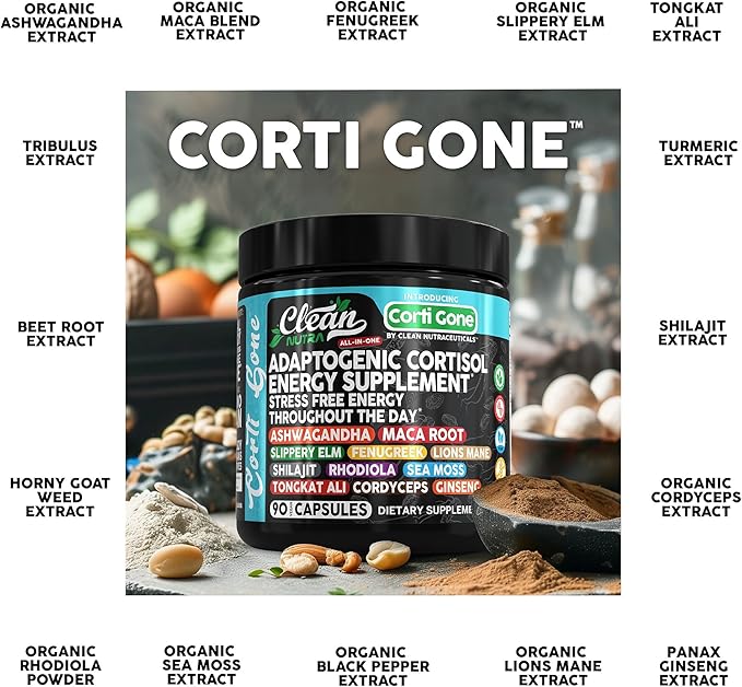 Corti Gone Cortisol Supplements For Women | Maca Root Ashwagandha Cortisol Detox Manager Reducer + Slippery Elm Fenugreek Lions Mane Shilajit Rhodiola Sea Moss Tongkat Ali Cordyceps Ginseng Beet Root