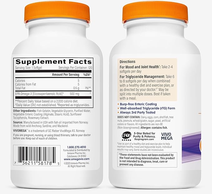OmegaVia EPA 500, Purified Omega-3 Fish Oil Supplement, 500 mg EPA in Triglyceride Form, Burpless Fish Oil, Non-GMO, Gluten-Free, IFOS 5-Star, 120 Softgels
