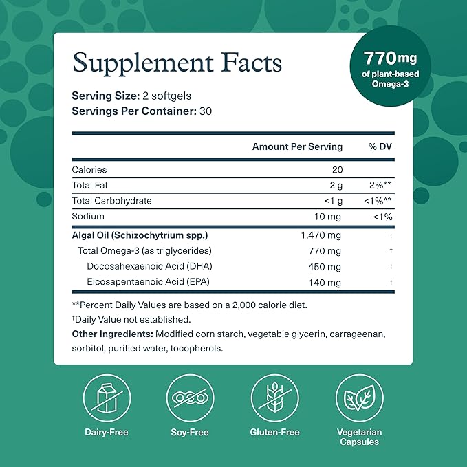 Youtheory Ocean-Friendly Omega - Vegan Algae Omega 3 Softgel - with EPA & DHA - Heart, Eye & Brain Health - Recyclable Aluminum Container - Gluten, Soy & Dairy Free - 60 Softgels