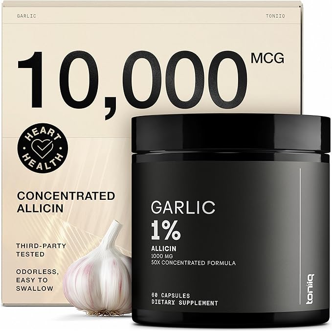 Garlic Capsules with 10,000mcg Allicin - Odorless - 50:1 Extract for Maximum Potency - Third-Party Lab Tested - 60 Vegetarian Capsules