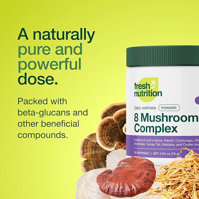 Fresh Nutrition Organic 8 Mushroom Complex Powder - Lion's Mane, Reishi, Cordyceps, Chaga, Enokitake, Turkey Tail, Maitake, and Oyster Mushrooms