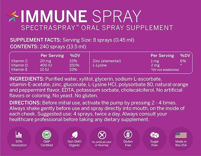 Spectraspray Immune Support Vitamin Spray - Vitamins C, E, Zinc and L-Lysine, 30 Day Supply per Spray