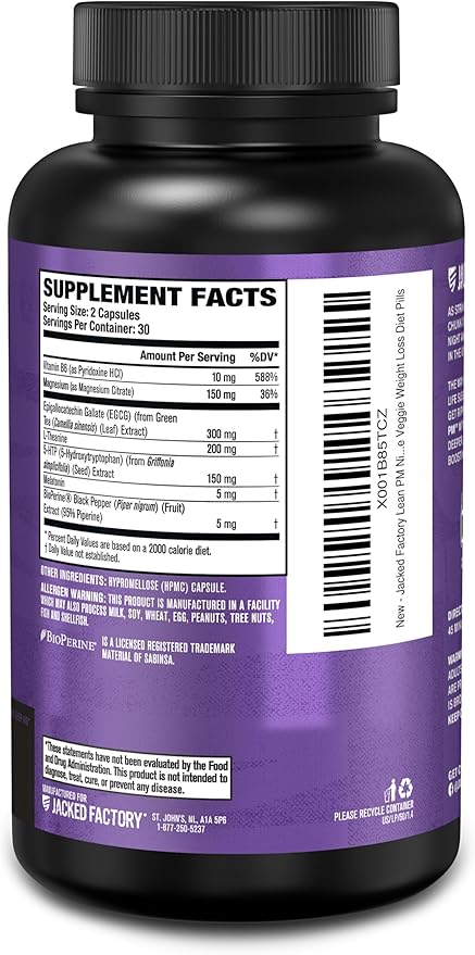 Jacked Factory Lean PM Night Time Fat Burner, Sleep Aid Supplement, & Appetite Suppressant for Men and Women - 60 Stimulant-Free Veggie Weight Loss Diet Pills