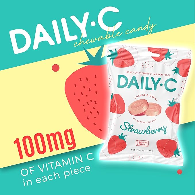 Chewable Vitamin C Strawberry Chewable Candy | 100MG of Vitamin C in Each Piece | Brought to You by Iconic Candy (Strawberry, 5.3oz Peg Bag)