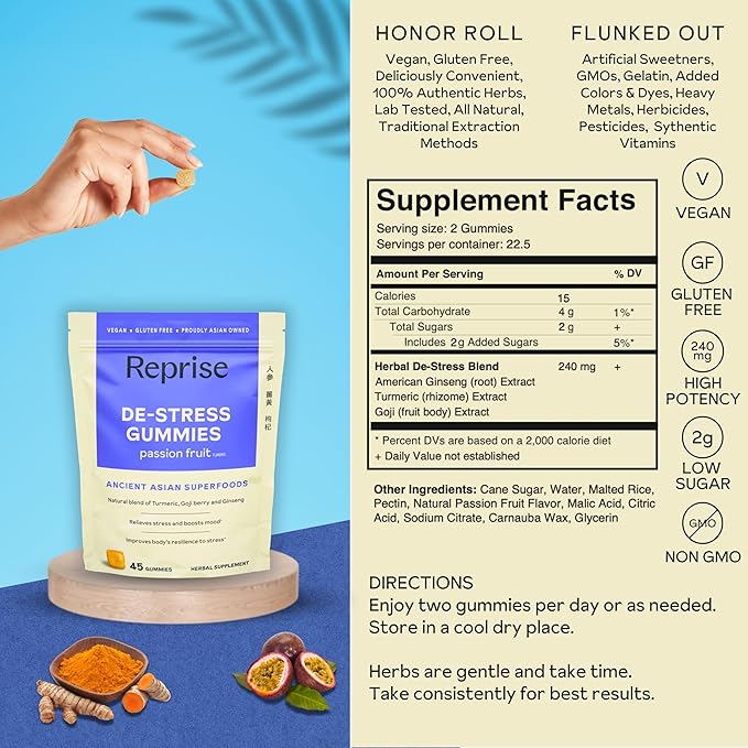 De-Stress Gummies with American Ginseng, Turmeric, and Goji - Assist with Stress Relief & Mood Boost, All-Natural Relaxation, Low-Sugar, 45 Vegan Gummies, Passion Fruit (45 Gummies (Pack of 1))