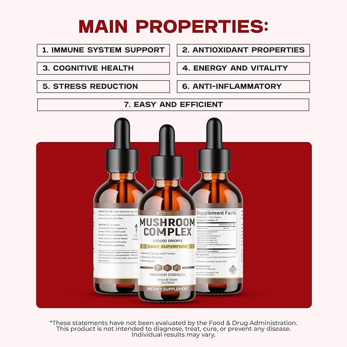 Liquid Mushroom Complex | Herbal Liquid Drops| Mushroom Supplement | Lion's Mane, Reishi, Shiitake, Chaga, Cordyceps, Coriolus Versicolor | NonGMO 2oz - 60 Day Supply