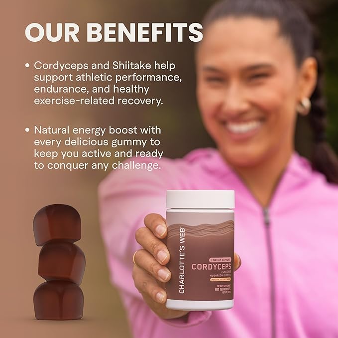 Charlotte's Web Energy Support Mushroom Gummies w/Cordyceps & Shiitake Mushrooms, Caffeine-Free Energy Supplements — Cordyceps Mushroom Gummies, Peach Iced Tea Flavor (30 Servings)