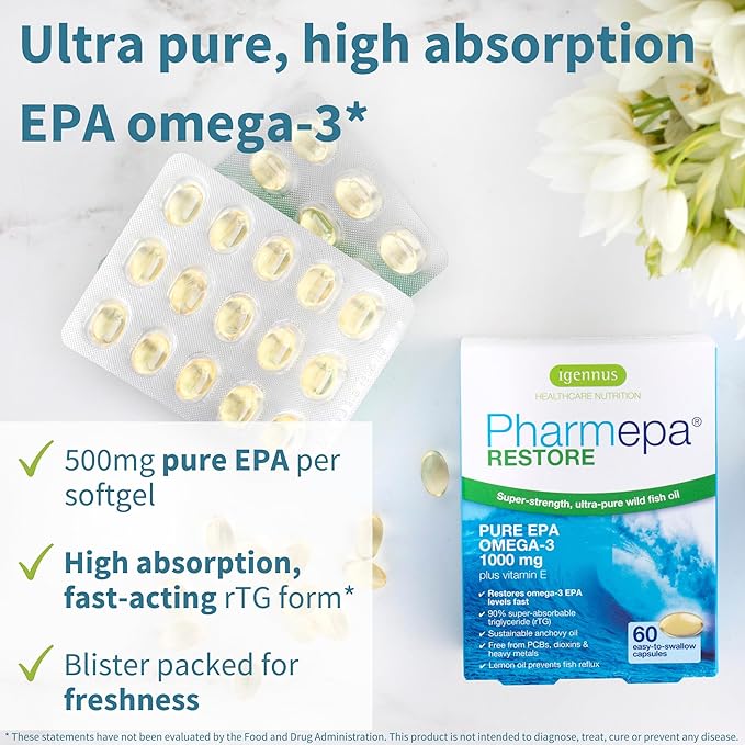 Igennus Pharmepa Restore, 1000mg Pure EPA Fish Oil, High Absorption rTG Omega-3, Triple Strength, Wild & Sustainable, Lemon Flavor, 1-Month Supply, 10-Months Supply, Pack of 10