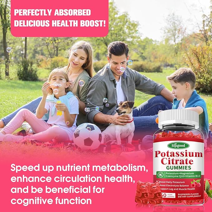 2 Pack Potassium Citrate Gummies – Potassium Supplement for Muscle Health, Leg Cramp Relief & Electrolyte Balance, Vegan, Non-GMO, Gluten-Free, Raspberry Flavor, 120 Count