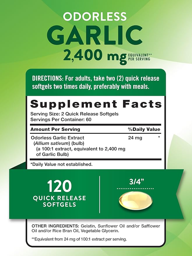 Nature's Truth Odorless Garlic 2400 mg | 120 Softgels | Extract Pills | Non-GMO, Gluten Free Supplement