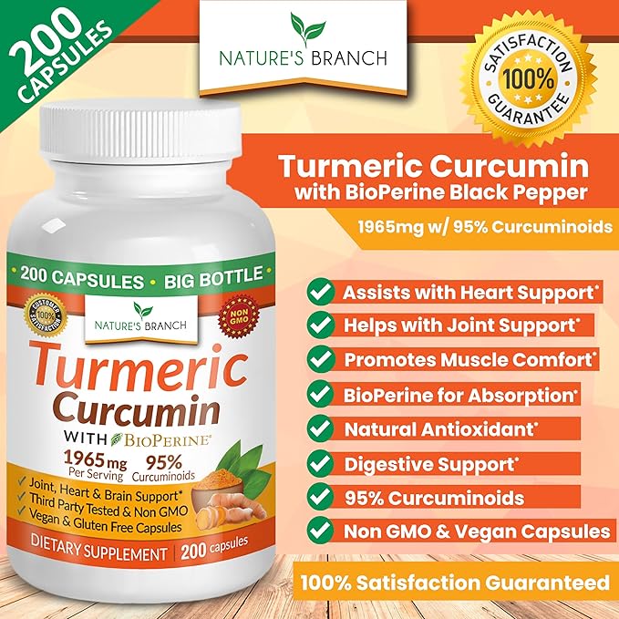 Turmeric Curcumin with Black Pepper Extract - Organic Powder 200 Capsules - 1965mg Extra Strength Joint Support Supplement, High Absorption, BioPerine Complex, High Potency, Vegan Pills, Made in USA