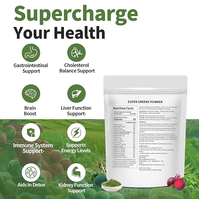 Hudetex Greens Powder Superfood for Immune Support with 16 oz,Greens Powder Smoothie Mix with Chlorella, Barley Grass, Kale & Beetroot Smoothie Booster, Chlorophyll Providing Greens.
