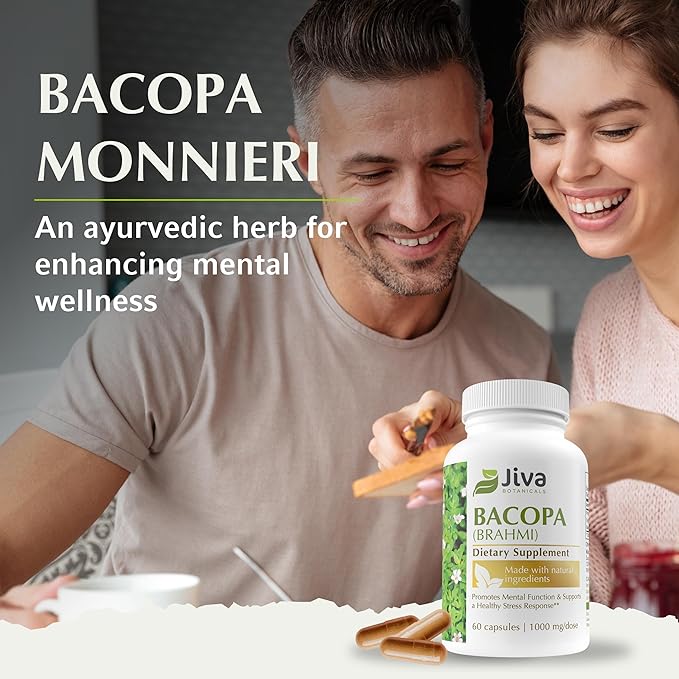 Jiva Botanicals Bacopa Monnieri Supplement 1000mg per Serving - Bacopa Monnieri (Brahmi) & Extract for Normal Brain, Focus, & Memory Support - Ayurvedic Herbs, Made in The USA - 60 Capsules