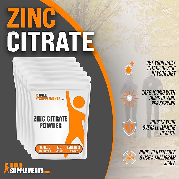 BulkSupplements.com Zinc Citrate Powder - Zinc Supplements, Zinc 30mg, Zinc Powder - Pure Zinc Citrate, for Immune Support - Gluten Free, 100mg per Serving, 5kg (11 lbs)