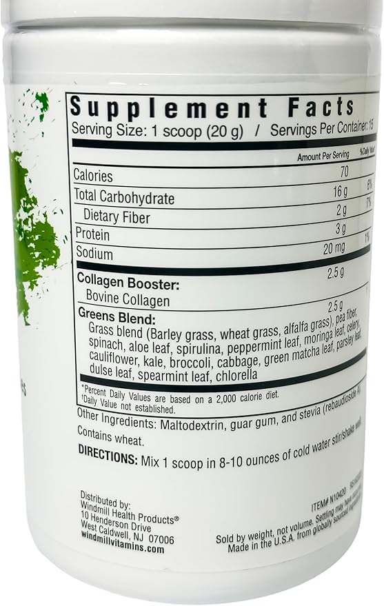 Collagen with Organic Beauty Greens with Type I & Type III Peptides. Natural Flavors. Dietary Supplement. Wheat Grass, Barley, Spiraling, Kale, Alfalfa & More. 10.6 oz