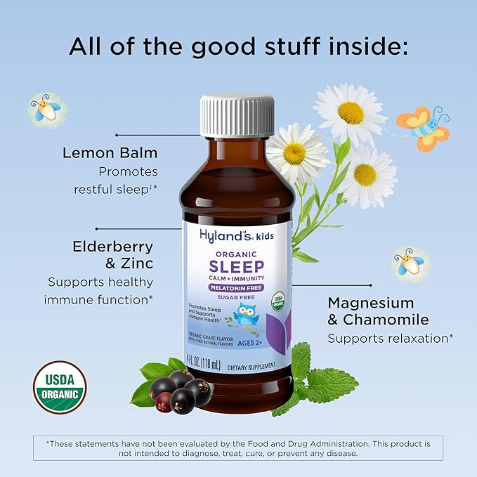 Hyland's Kids Melatonin-Free Organic Sleep Calm and Immunity Liquid, Sugar-Free, Promotes Sleep and Supports Immune Health, Ages 2 and up, Grape Flavor, 4 Fl. Oz.