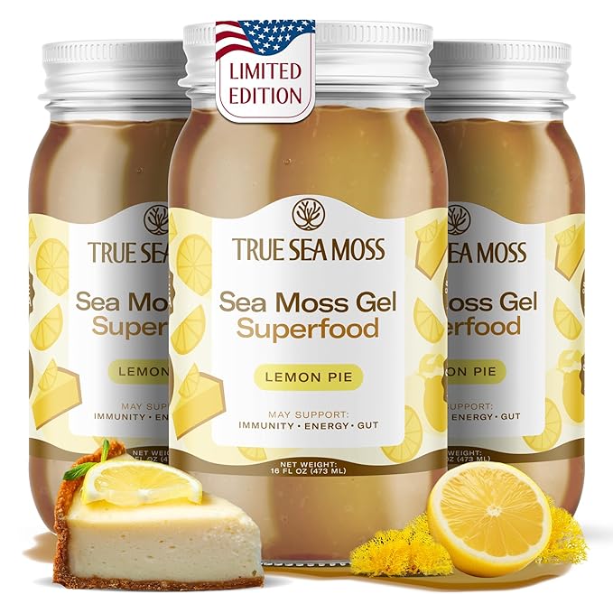 TrueSeaMoss Sea Moss Gel – Made in USA – Wildcrafted Seamoss, Fresh Fruits & Sea Vegetables – Lemon Pie, Pack of 3 (Labels may Vary)