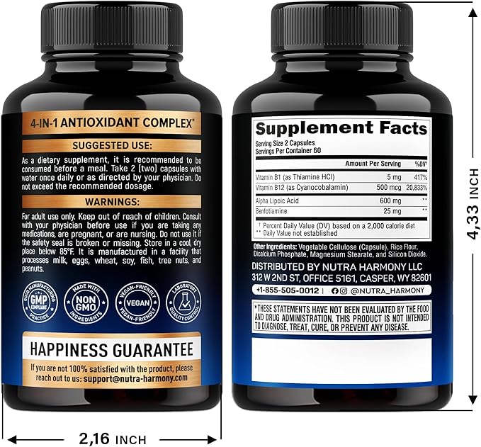Alpha Lipoic Acid 600mg - ALA Supplement Antioxidant for Nerve, Energy & Metabolism Support - Extra Strength with Benfotiamine, Vitamins B1 & B12 - Lab Tested, NON-GMO & Vegan - 120 Capsules, 2 Month
