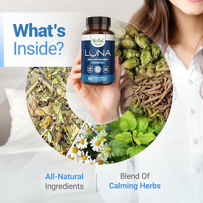 Nested Naturals Luna Sleep Supplement, Melatonin Free, Non-Habit Forming Herbal Sleep Supplement, Adult Bedtime Support, Help Sleeping w/Chamomile, Valerian, L-Theanine, 60 Vegan Capsules
