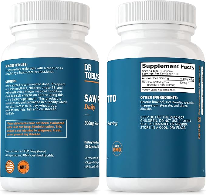 Dr. Tobias Saw Palmetto Supplement, Supports Urinary Health, Hormonal Balance, Prostate Health, & Hair Vitality, Saw Palmetto for Men & Women, 500mg Per Serving - 100 Capsules, 100 Servings
