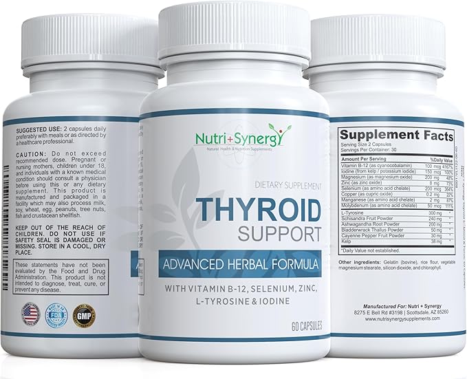 Thyroid Support - with L-Tyrosine, Iodine, Vitamins & Minerals. Supports Healthy Thyroid Function, Energy, Mood & Focus. 60 Capsules.