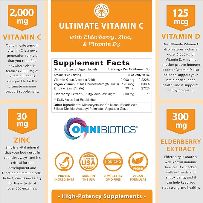 Ultimate Vitamin C Supplement 2000mg with Zinc, Elderberry Extract, D3 - High Potency Vitamin C for Immune Support, Antioxidant, and Collagen Booster. Non-GMO, Gluten Free - 120 Vegan Tablets